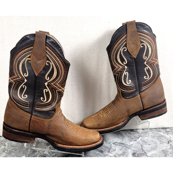 Madison Western Cowboy Boots Brown Leather Square Toe Men display picture 3